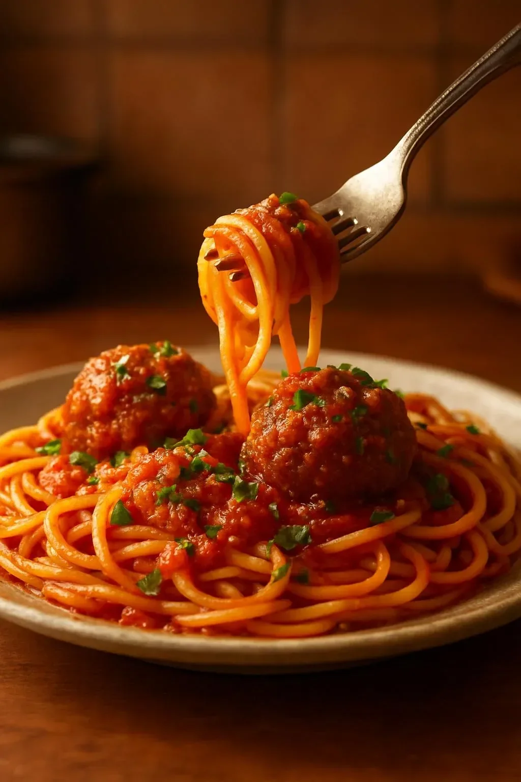 Delicious spaghetti and meatballs with tomato sauce served on a plate