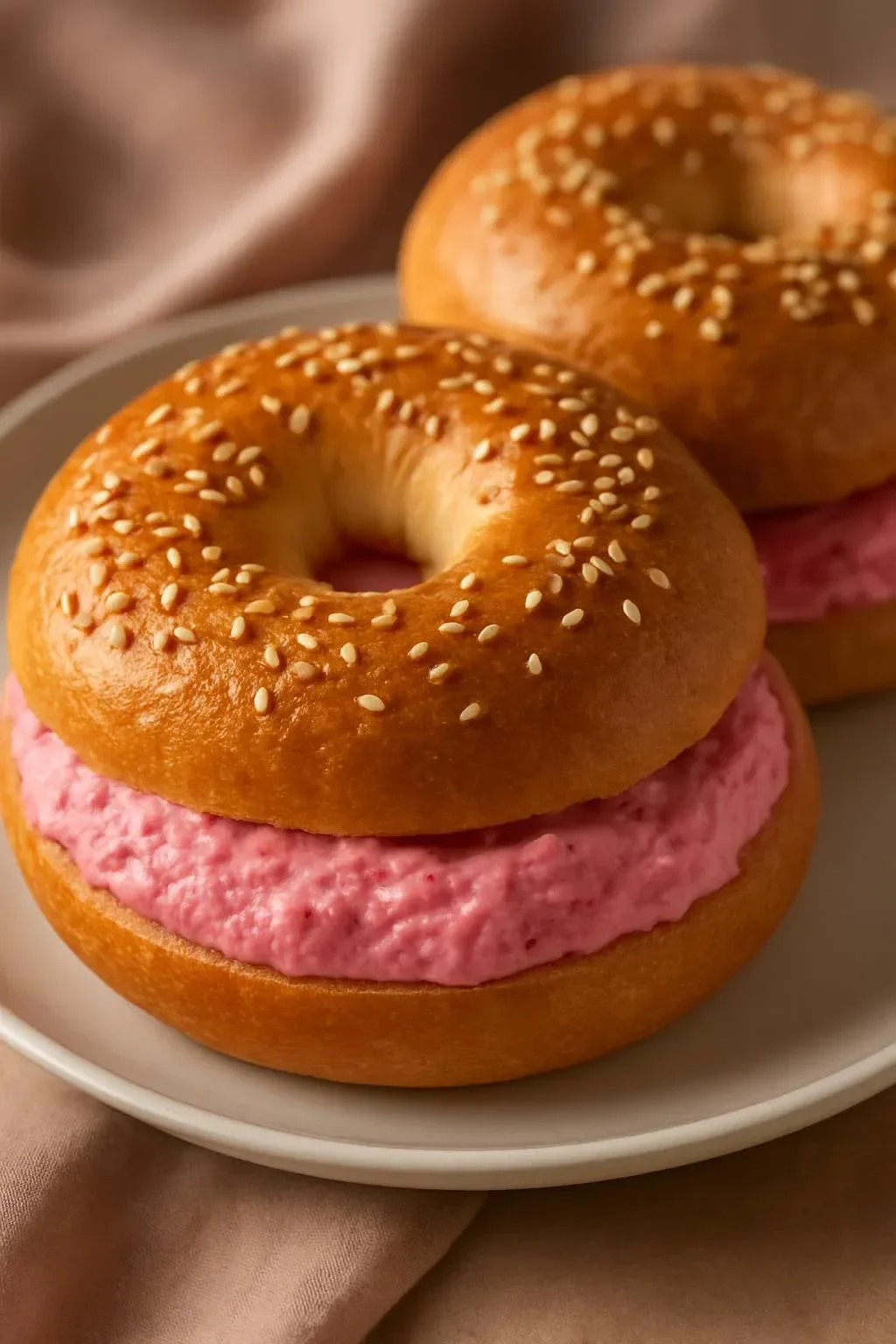 Strawberry cottage cheese bagels topped with fresh strawberries and mint leaves