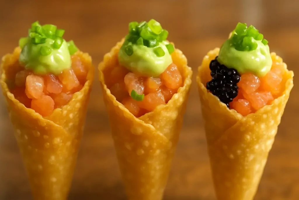 Delicious homemade sushi wonton cones filled with fresh ingredients.