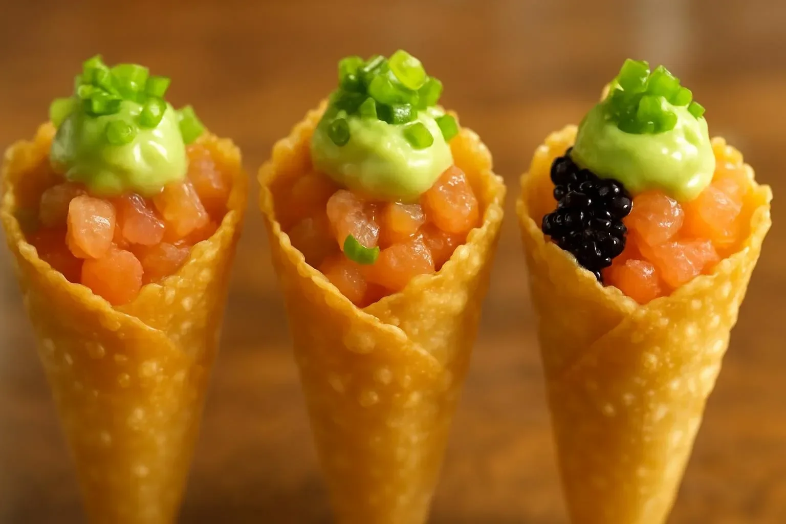 Delicious homemade sushi wonton cones filled with fresh ingredients.