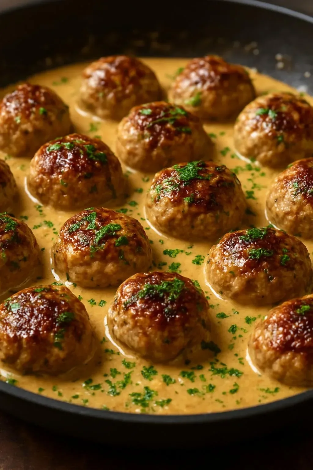 Plate of homemade Swedish meatballs served with creamy gravy and lingonberry sauce.