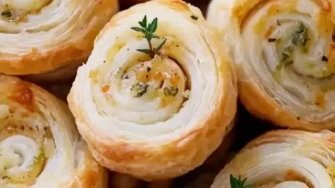 Delicious garlic puff pastry pinwheels served on a plate, perfect for snacking