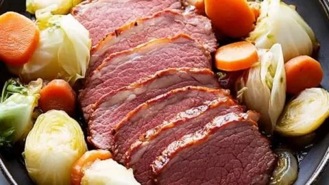 Tender pressure cooker corned beef and cabbage served on a plate