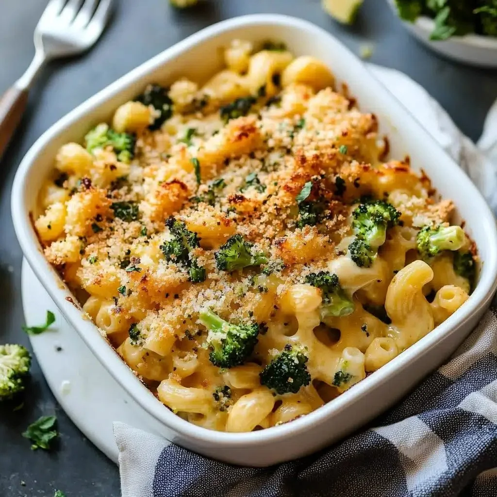 Ultimate baked broccoli mac and cheese dish topped with breadcrumbs
