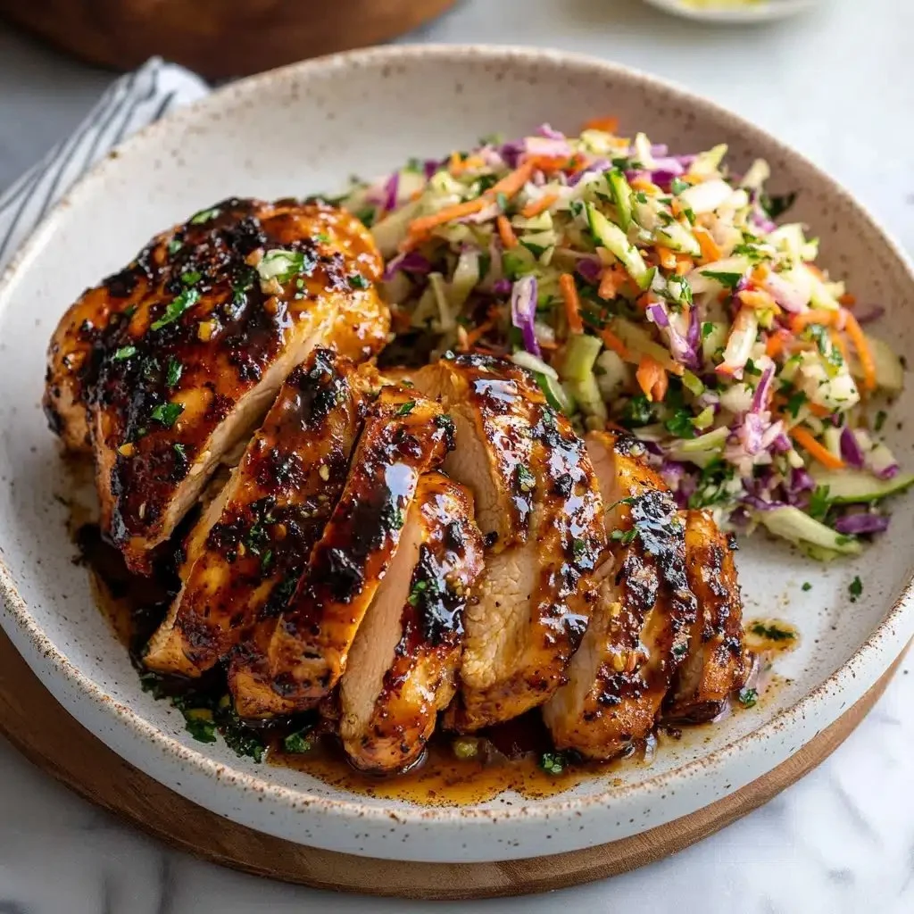 Delicious sticky apple cider chicken served with autumn slaw, perfect for fall.