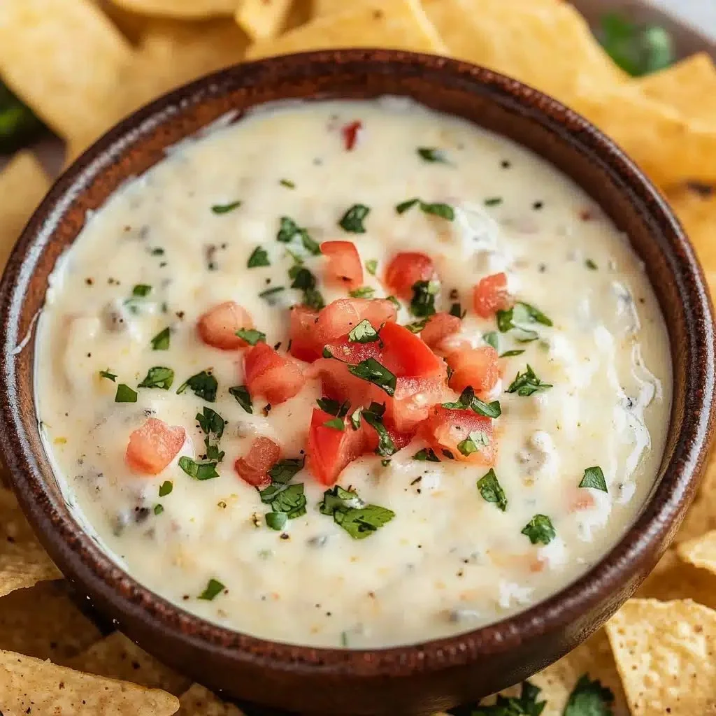 Creamy Mexican white cheese dip in a bowl, perfect for dipping with tortilla chips.