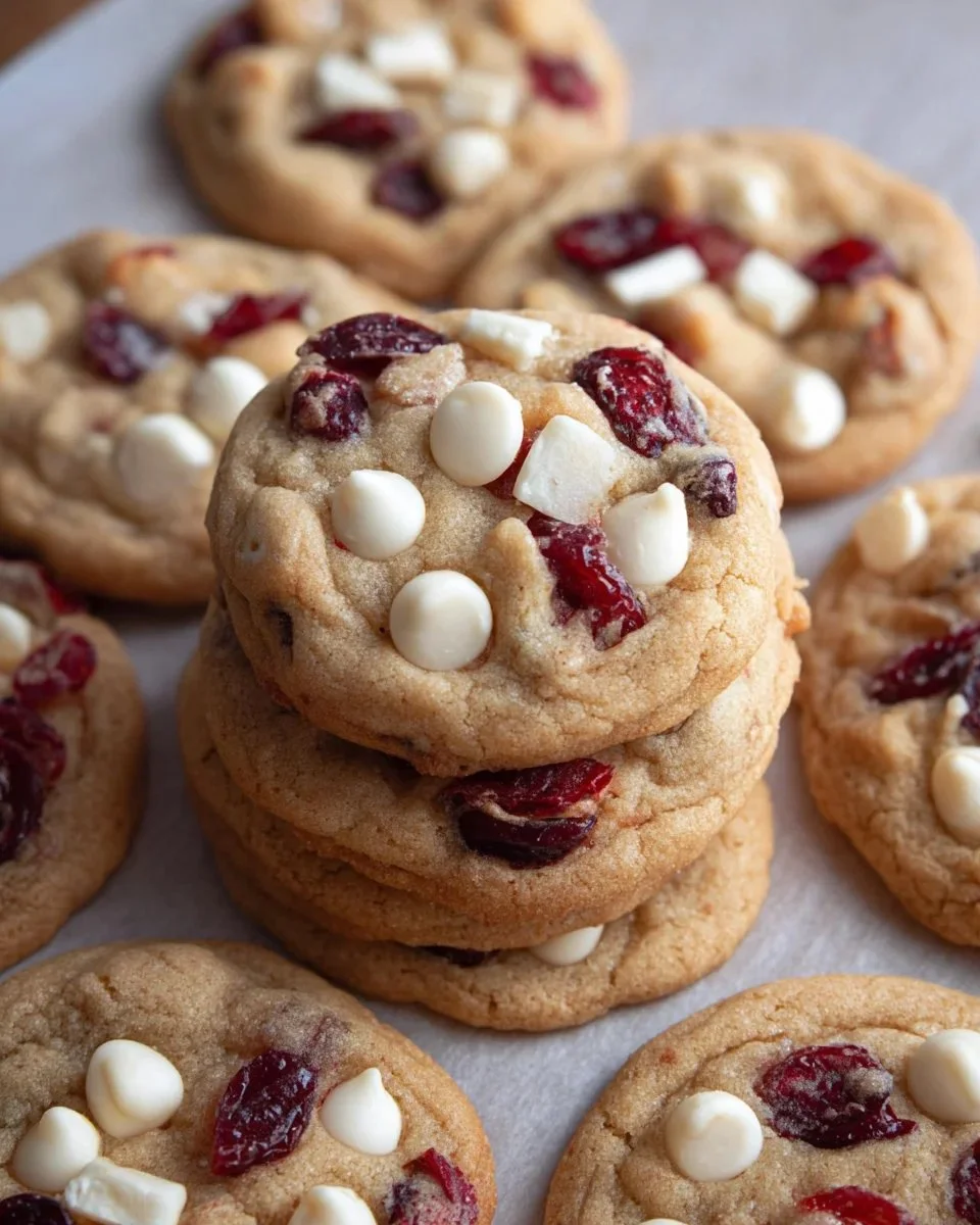 Freshly baked white chocolate chip cranberry cookies on a cooling rack