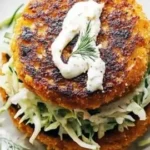 Delicious salmon burgers served with fresh slaw on a plate