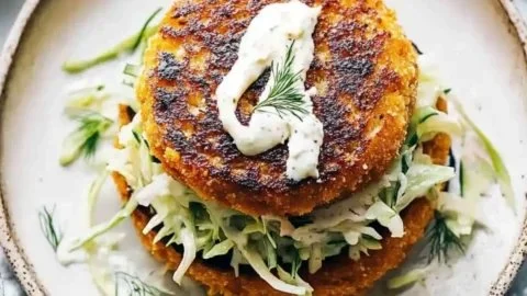 Delicious salmon burgers served with fresh slaw on a plate